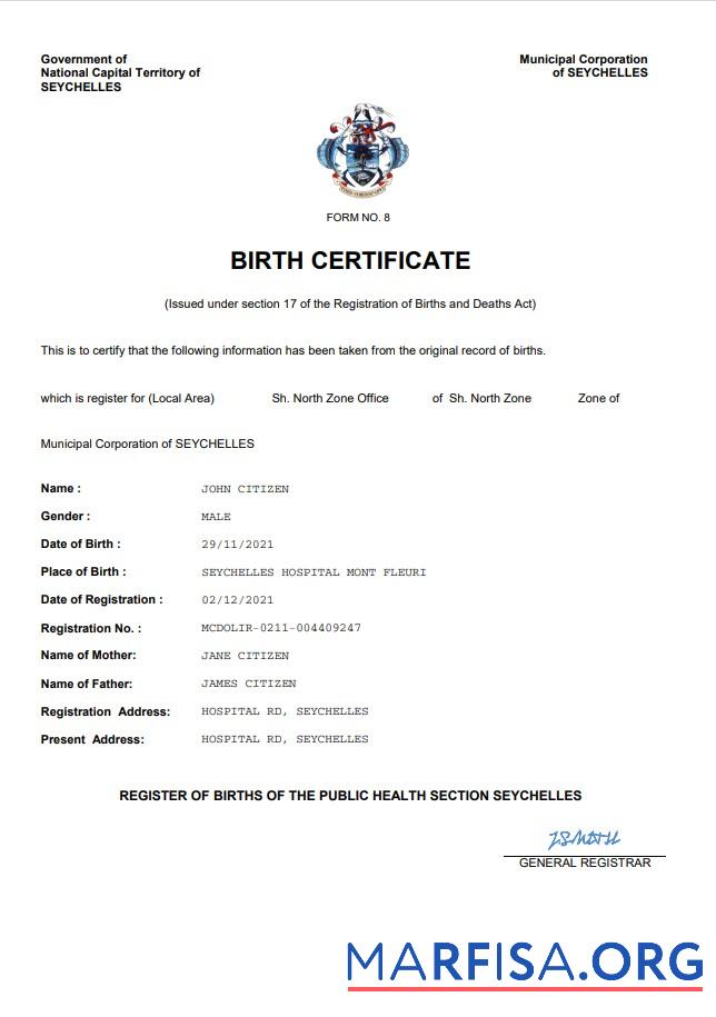 Printable Seychelles vital record birth certificate Word and PDF template